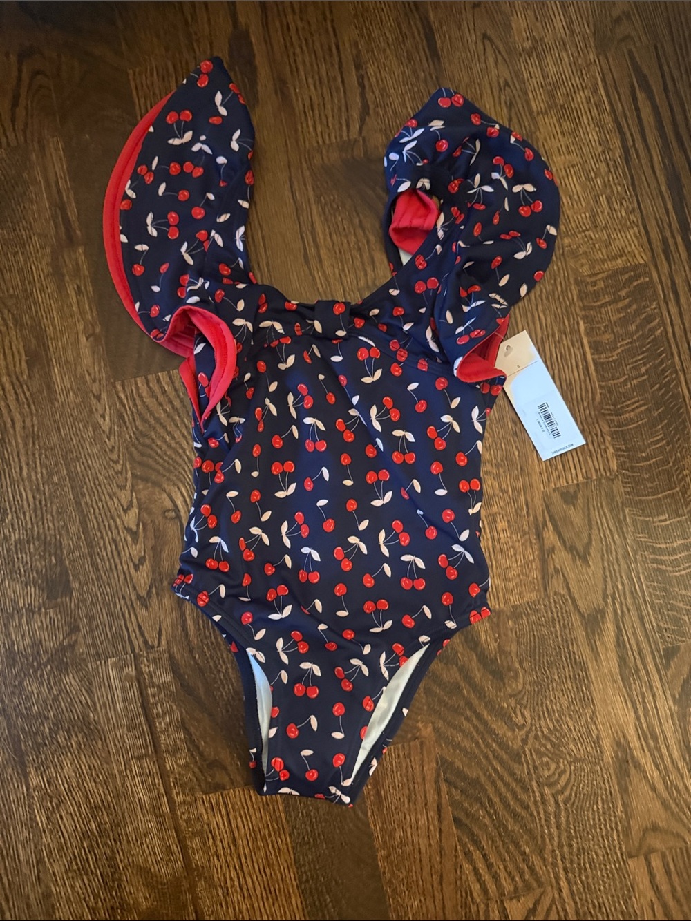 Kids Navy Cherry Print One-Piece Swimsuit with Ruffle Sleeves